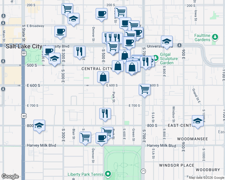 map of restaurants, bars, coffee shops, grocery stores, and more near 519 East 600 South in Salt Lake City
