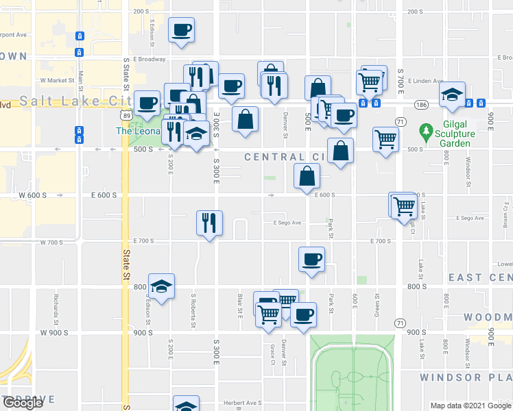 map of restaurants, bars, coffee shops, grocery stores, and more near 379 East 600 South in Salt Lake City