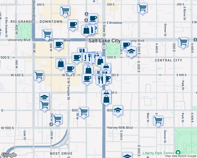 map of restaurants, bars, coffee shops, grocery stores, and more near 44 East 600 South in Salt Lake City