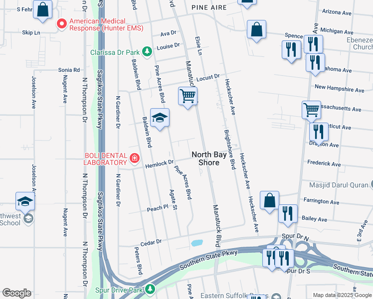 map of restaurants, bars, coffee shops, grocery stores, and more near 5-95 Hemlock Drive in Bay Shore