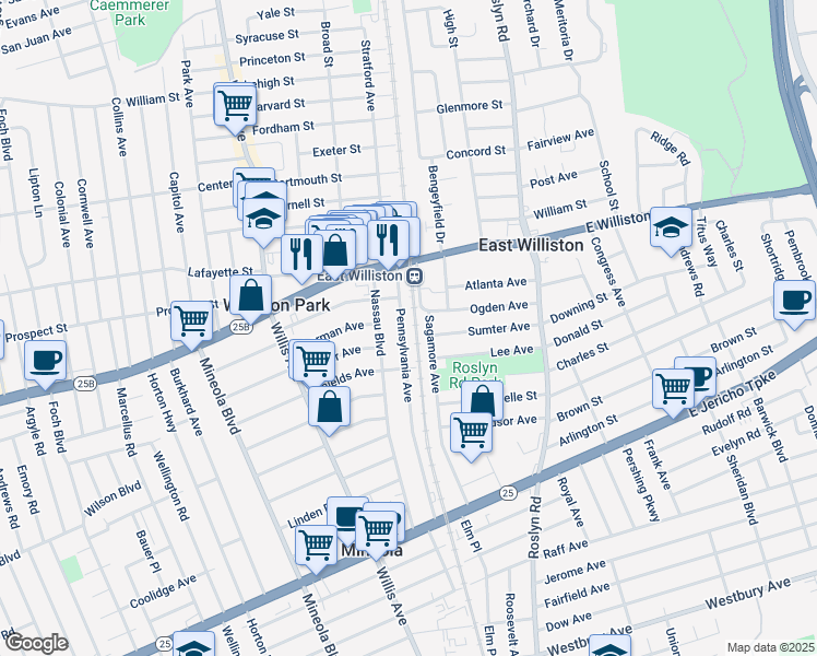 map of restaurants, bars, coffee shops, grocery stores, and more near 502 Pennsylvania Avenue in Williston Park