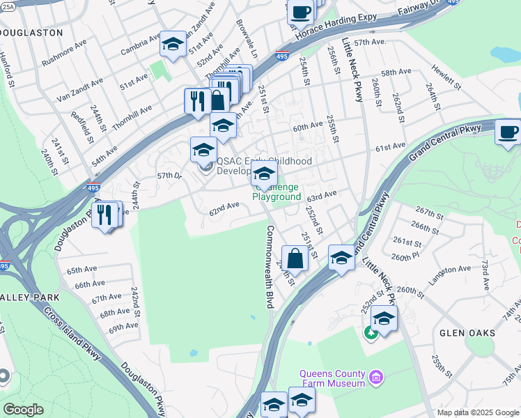 map of restaurants, bars, coffee shops, grocery stores, and more near 61-16 Marathon Parkway in Queens
