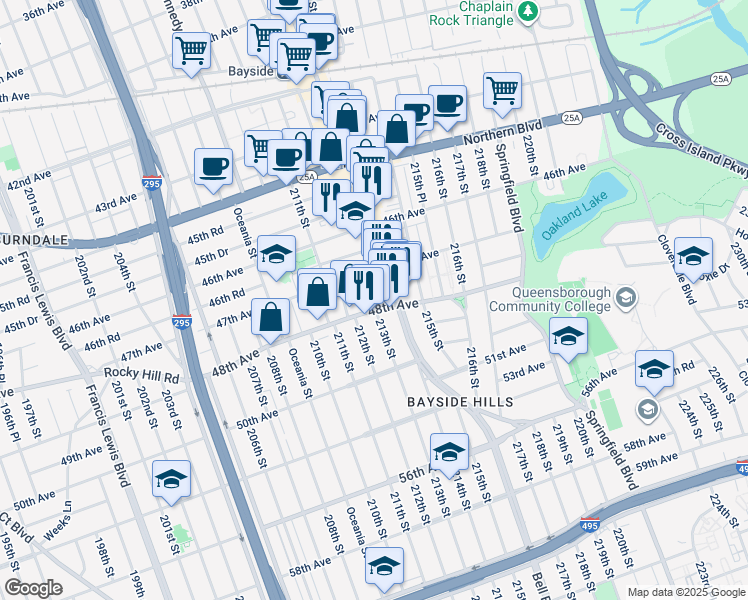 map of restaurants, bars, coffee shops, grocery stores, and more near 47-03 213th Street in Queens