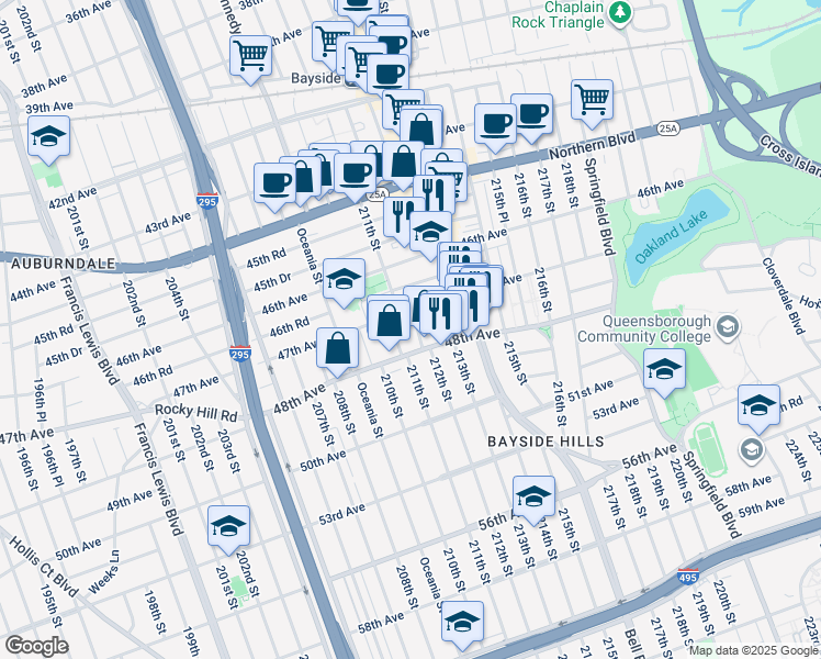 map of restaurants, bars, coffee shops, grocery stores, and more near 211-21 47th Avenue in Queens
