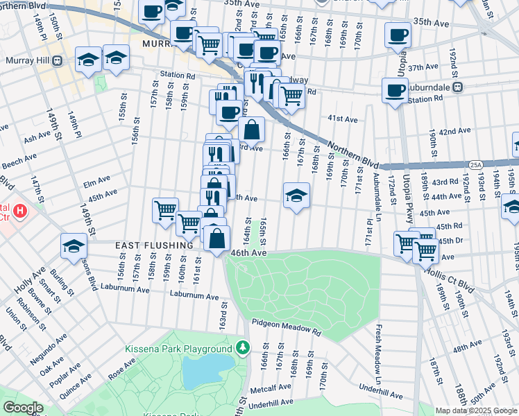 map of restaurants, bars, coffee shops, grocery stores, and more near 43-73 165th Street in Queens