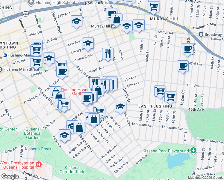 map of restaurants, bars, coffee shops, grocery stores, and more near 147-15 Elm Avenue in Queens