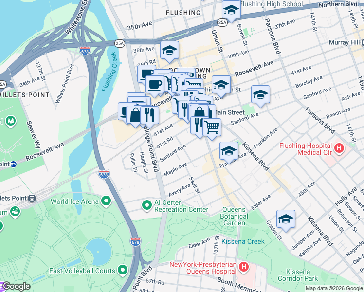 map of restaurants, bars, coffee shops, grocery stores, and more near 13261 41st Road in Queens