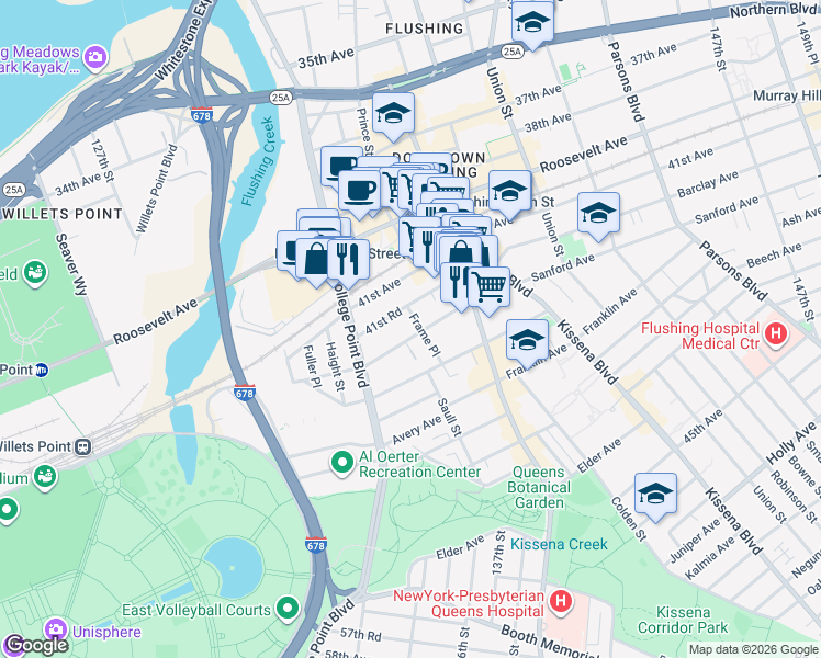 map of restaurants, bars, coffee shops, grocery stores, and more near 13261 41st Road in Queens