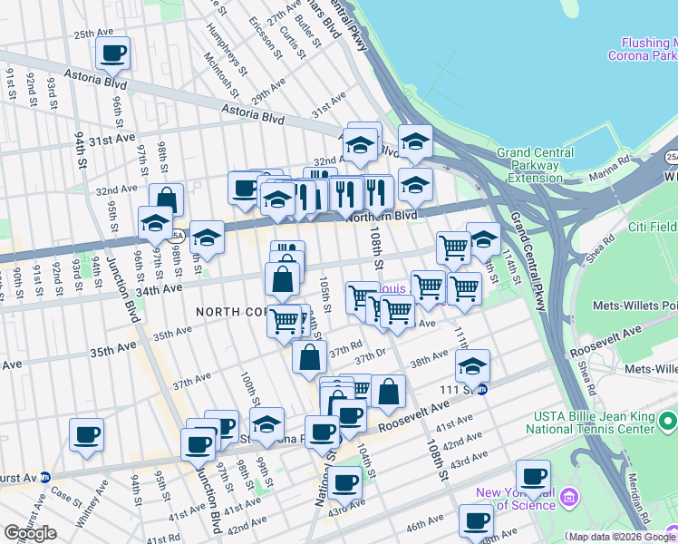 map of restaurants, bars, coffee shops, grocery stores, and more near 33-41 105th Street in Queens