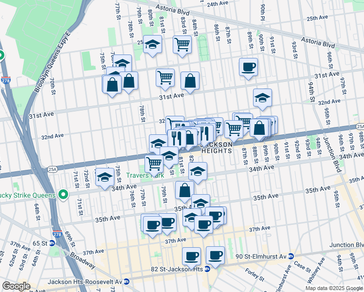 map of restaurants, bars, coffee shops, grocery stores, and more near 32-41 82nd Street in Queens