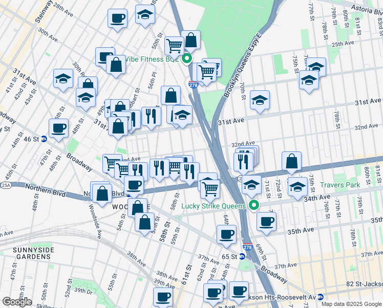 map of restaurants, bars, coffee shops, grocery stores, and more near 31-30 61st Street in Queens