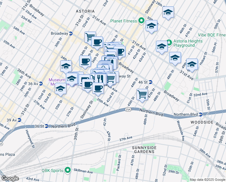 map of restaurants, bars, coffee shops, grocery stores, and more near 4015 34th Avenue in Queens