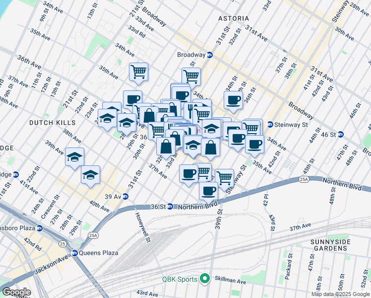 map of restaurants, bars, coffee shops, grocery stores, and more near 35-31 33rd Street in Queens