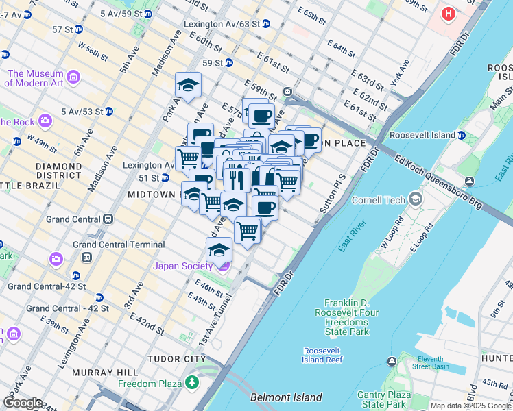 map of restaurants, bars, coffee shops, grocery stores, and more near 313 East 53rd Street in New York