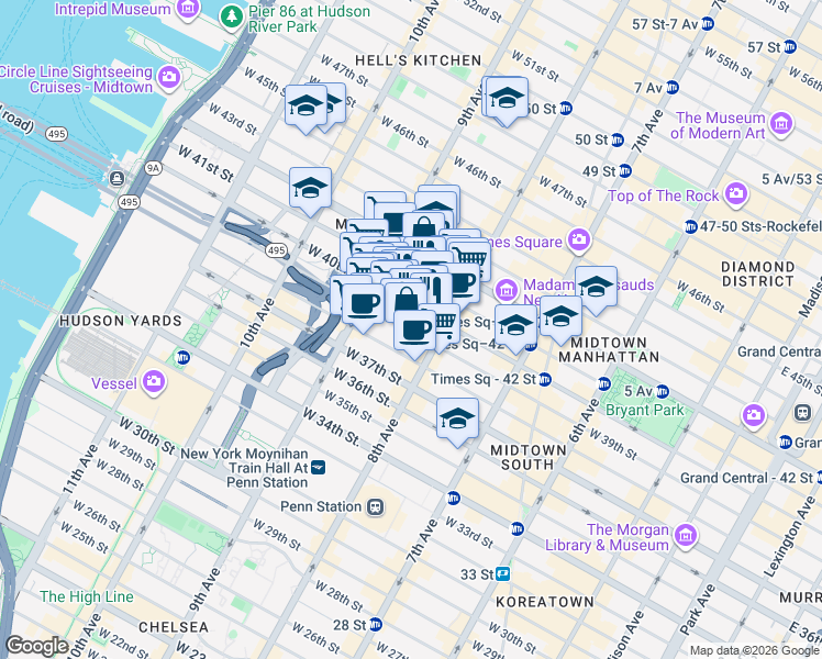 map of restaurants, bars, coffee shops, grocery stores, and more near 625 8th Avenue in New York