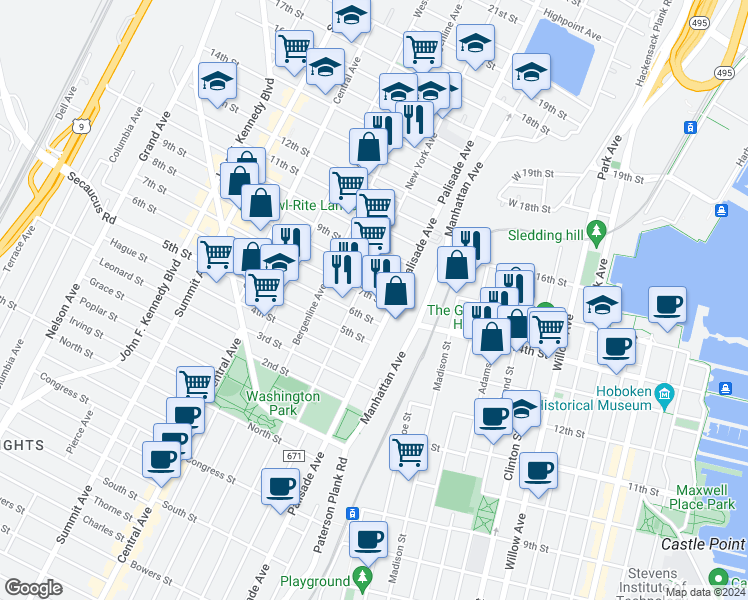 map of restaurants, bars, coffee shops, grocery stores, and more near 308 8th Street in Union City