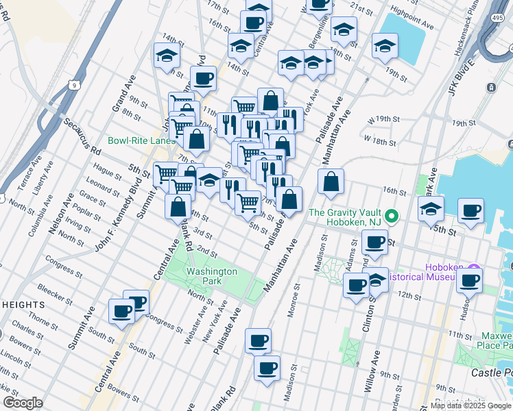 map of restaurants, bars, coffee shops, grocery stores, and more near 703 New York Avenue in Union City