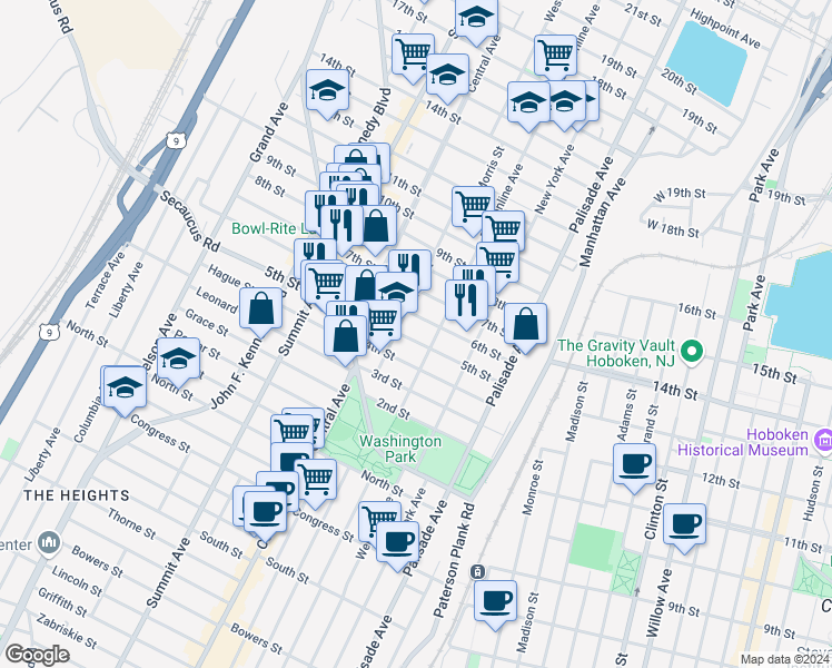 map of restaurants, bars, coffee shops, grocery stores, and more near 601 West Street in Union City