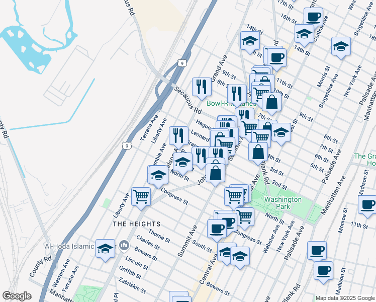 map of restaurants, bars, coffee shops, grocery stores, and more near 136 Grace Street in Jersey City