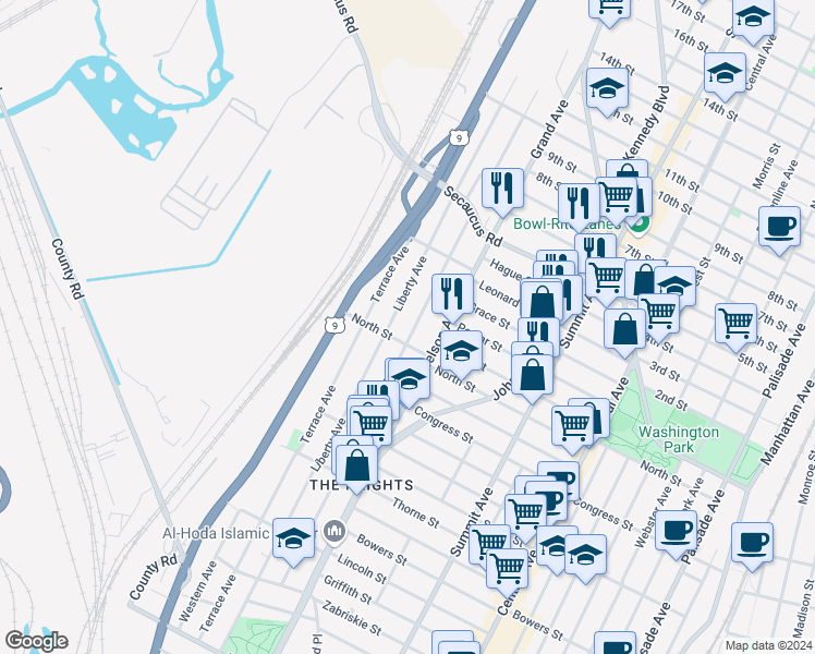 map of restaurants, bars, coffee shops, grocery stores, and more near 580 Liberty Avenue in Jersey City