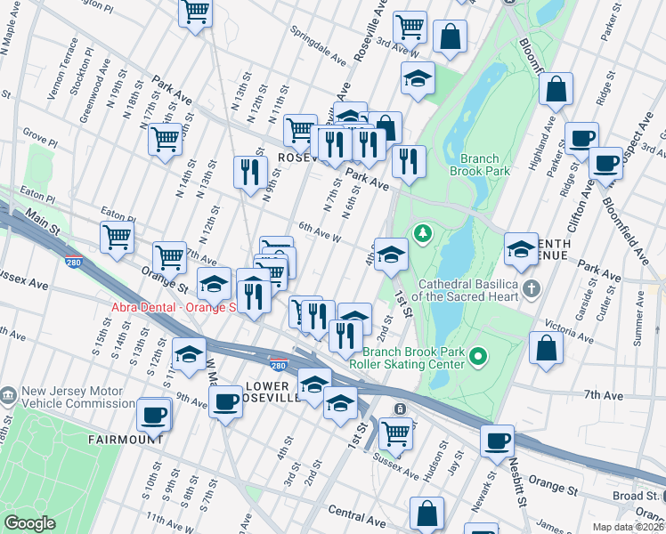 map of restaurants, bars, coffee shops, grocery stores, and more near 228 North 6th Street in Newark