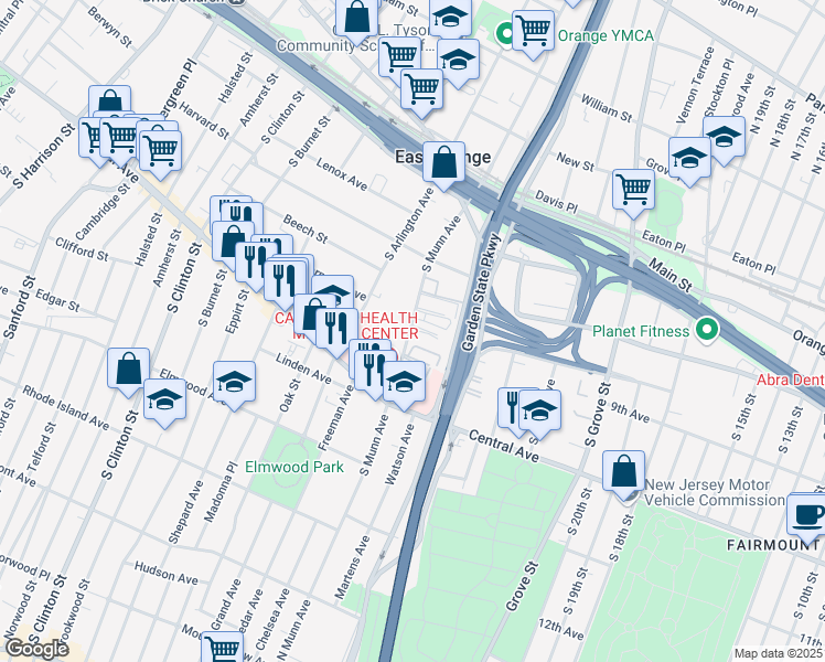 map of restaurants, bars, coffee shops, grocery stores, and more near 55-57 South Munn Avenue in East Orange
