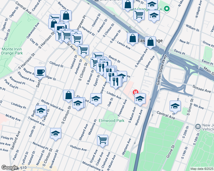 map of restaurants, bars, coffee shops, grocery stores, and more near 376 Central Avenue in East Orange