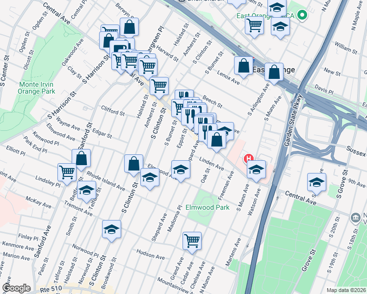 map of restaurants, bars, coffee shops, grocery stores, and more near 20 Eppirt Street in East Orange