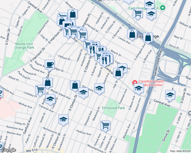 map of restaurants, bars, coffee shops, grocery stores, and more near in East Orange