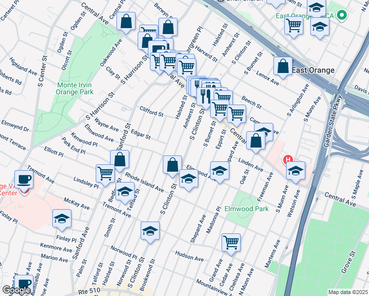 map of restaurants, bars, coffee shops, grocery stores, and more near in East Orange