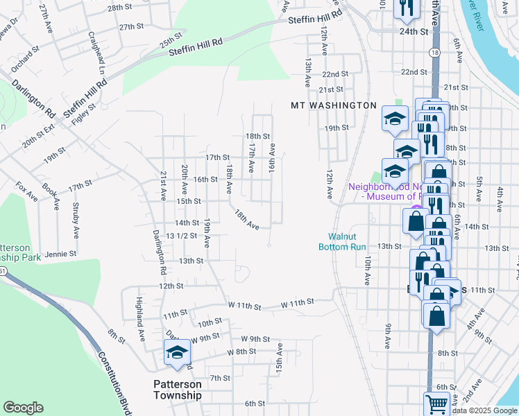 map of restaurants, bars, coffee shops, grocery stores, and more near 1505 16th Avenue in Beaver Falls