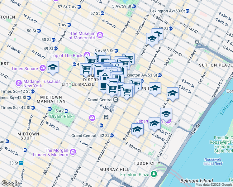 map of restaurants, bars, coffee shops, grocery stores, and more near 270 Park Avenue in New York