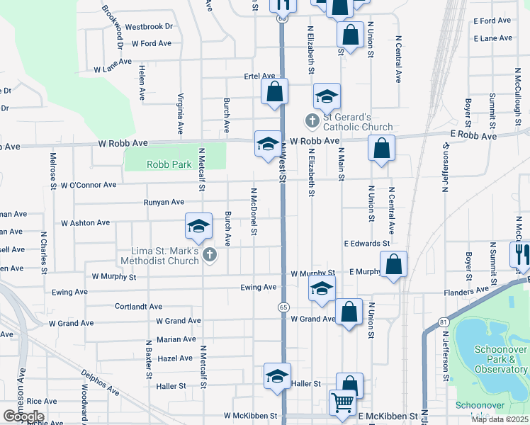 map of restaurants, bars, coffee shops, grocery stores, and more near 3 Runyan Ct in Lima