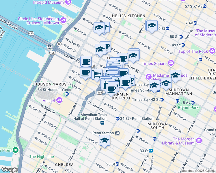 map of restaurants, bars, coffee shops, grocery stores, and more near in New York