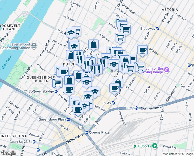 map of restaurants, bars, coffee shops, grocery stores, and more near 37-11 Crescent Street in Queens