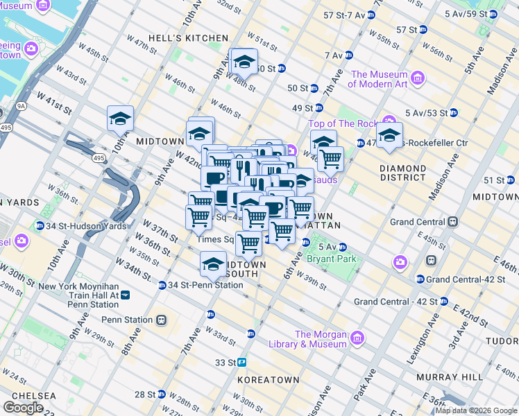 map of restaurants, bars, coffee shops, grocery stores, and more near 5 Times Square in New York