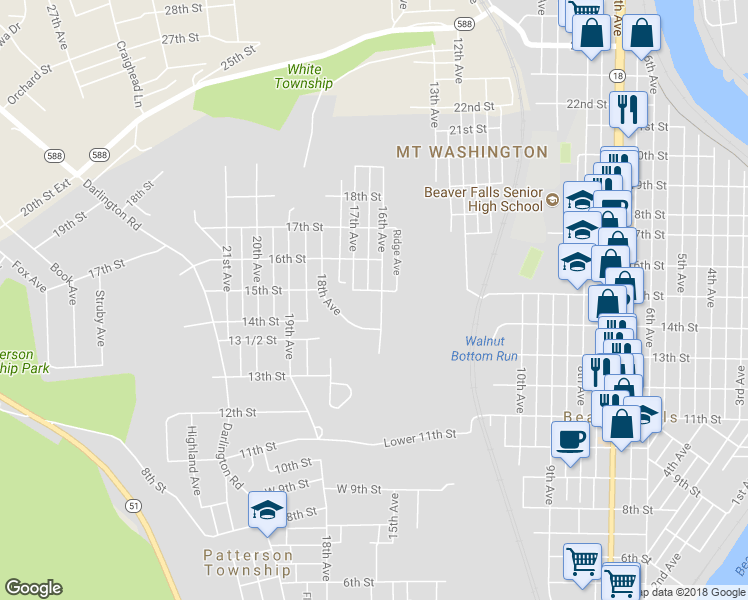 map of restaurants, bars, coffee shops, grocery stores, and more near 1606 15th Street in Beaver Falls