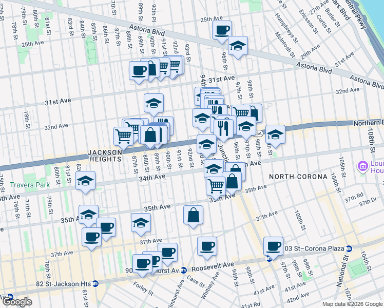 map of restaurants, bars, coffee shops, grocery stores, and more near in Queens