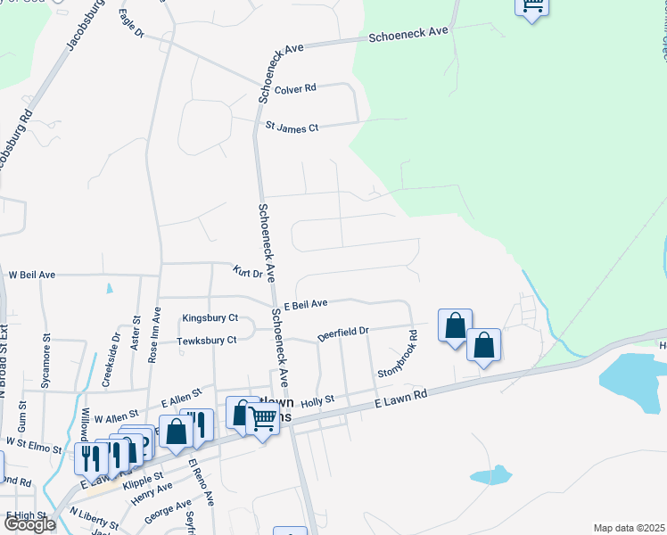 map of restaurants, bars, coffee shops, grocery stores, and more near 532 City View Drive in Nazareth