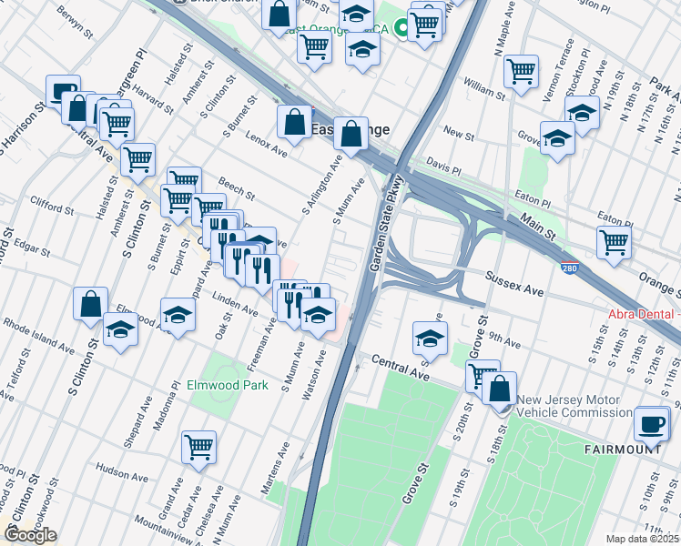 map of restaurants, bars, coffee shops, grocery stores, and more near 56 South Munn Avenue in East Orange