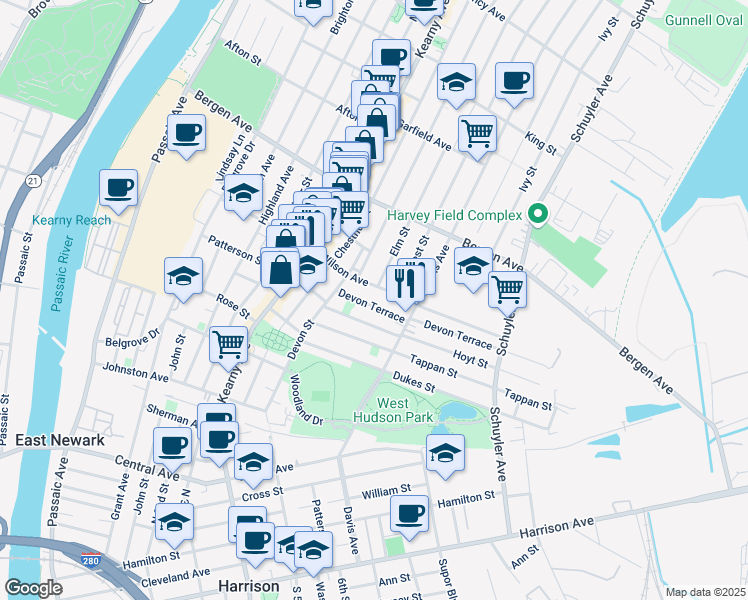 map of restaurants, bars, coffee shops, grocery stores, and more near 149 Wilson Avenue in Kearny