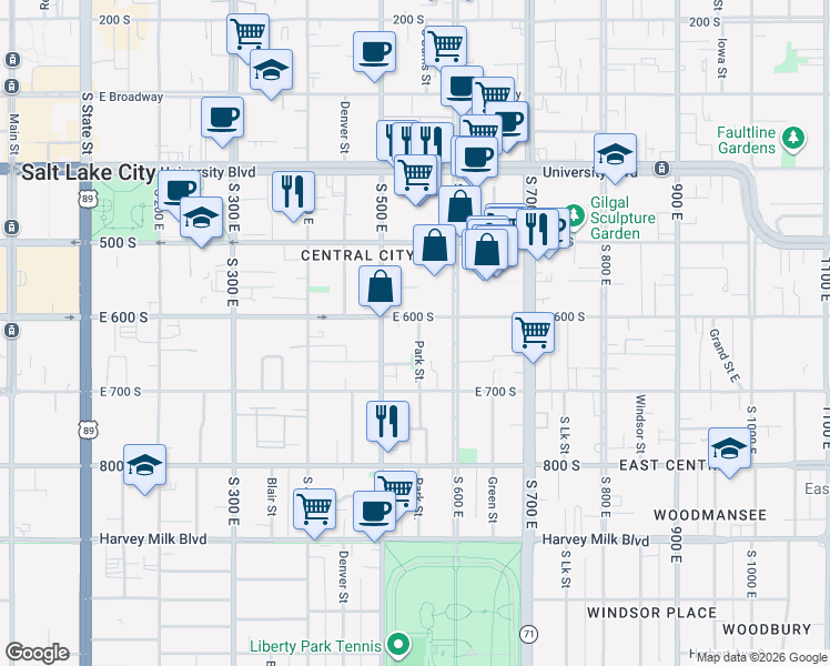 map of restaurants, bars, coffee shops, grocery stores, and more near 519 East 600 South in Salt Lake City