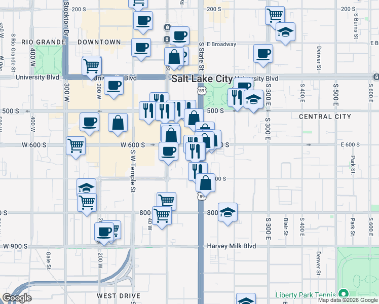 map of restaurants, bars, coffee shops, grocery stores, and more near 90 East 600 South in Salt Lake City