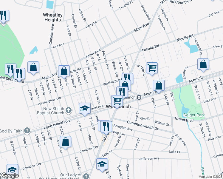map of restaurants, bars, coffee shops, grocery stores, and more near 20 Andrews Avenue in Wheatley Heights