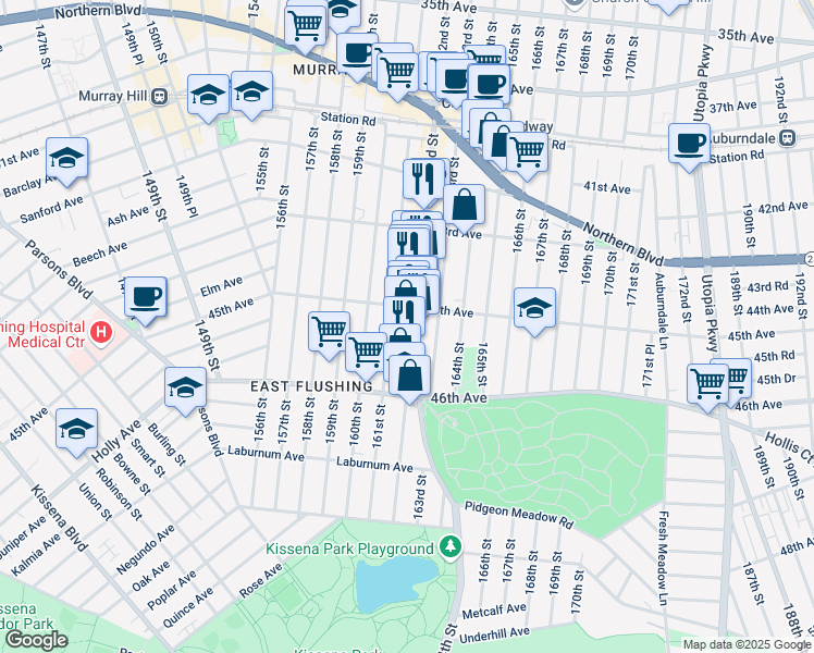 map of restaurants, bars, coffee shops, grocery stores, and more near 4439 162nd Street in Queens