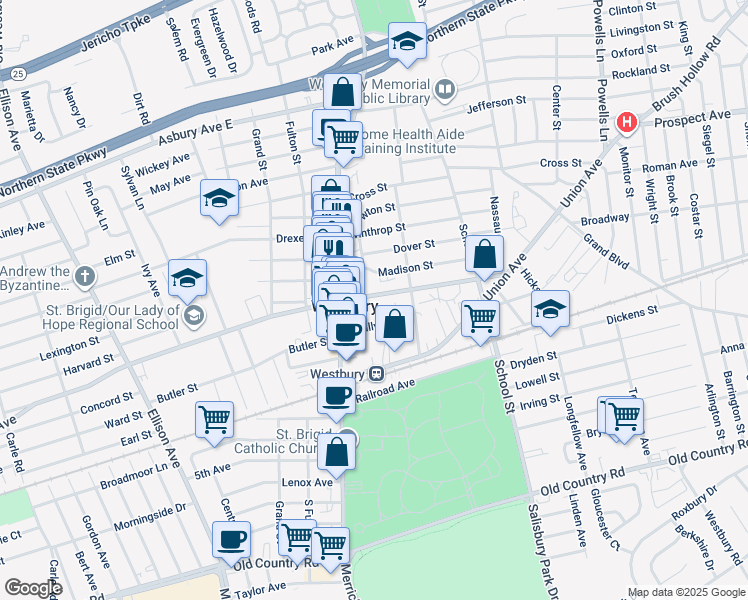 map of restaurants, bars, coffee shops, grocery stores, and more near 330 Maple Avenue in Westbury