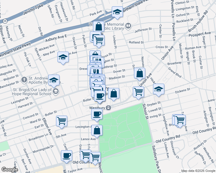 map of restaurants, bars, coffee shops, grocery stores, and more near 210 Post Avenue in Westbury