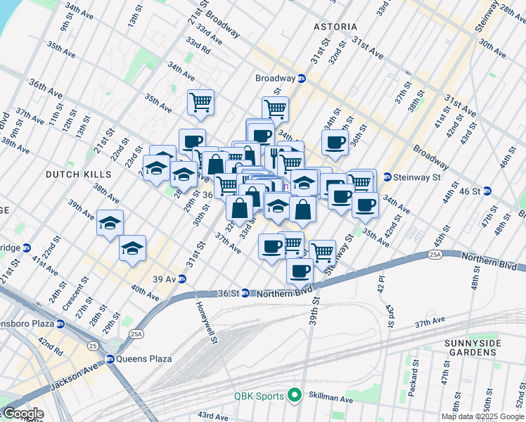 map of restaurants, bars, coffee shops, grocery stores, and more near 3301 36th Avenue in Queens