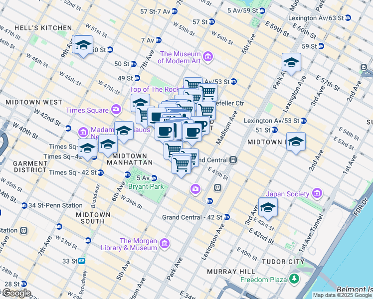 map of restaurants, bars, coffee shops, grocery stores, and more near 21 West 46th Street in New York