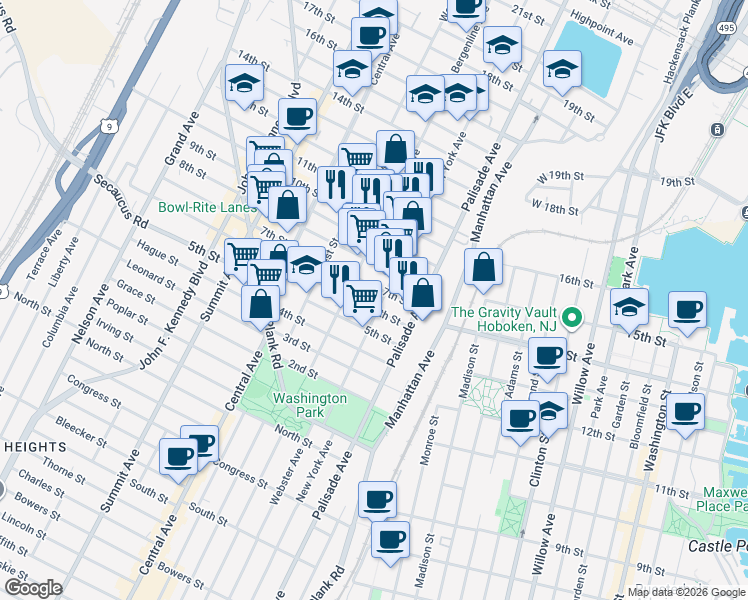 map of restaurants, bars, coffee shops, grocery stores, and more near 703 New York Avenue in Union City